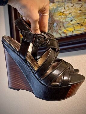 Vintage Black Wood Wedge Sandals Heels Bakers 6